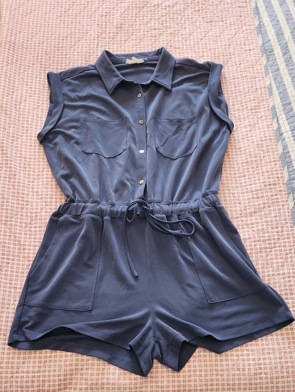 entro Sleeveless Drawstring Collared Romper in Slate Blue Loungewear Soft Comfy